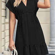 Womens-Summer-Dress-V-Neck-Short-Sleeve-Mini-Babydoll-Dress-Black-4