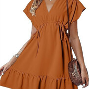 Womens-Summer-Dress-V-Neck-Short-Sleeve-Mini-Babydoll-Dress-Brown-1