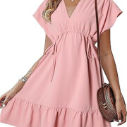 Womens-Summer-Dress-V-Neck-Short-Sleeve-Mini-Babydoll-Dress-Pink-1