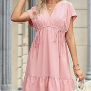 Womens-Summer-Dress-V-Neck-Short-Sleeve-Mini-Babydoll-Dress-Pink-2