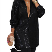 Womens-Sequin-Dress-Sparkly-Long-Sleeve-Shirt-Dress-Black-1