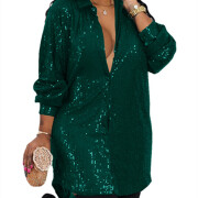 Womens-Sequin-Dress-Sparkly-Long-Sleeve-Shirt-Dress-Green-1