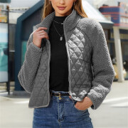 Womens-Fuzzy-Fleece-Jacket-Cropped-Sherpa-Coat-Long-Sleeve-Zipper-Lightweight-Quilted-Outwear-Grey-3