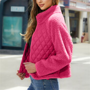 Womens-Fuzzy-Fleece-Jacket-Cropped-Sherpa-Coat-Long-Sleeve-Zipper-Lightweight-Quilted-Outwear-Rosered-4