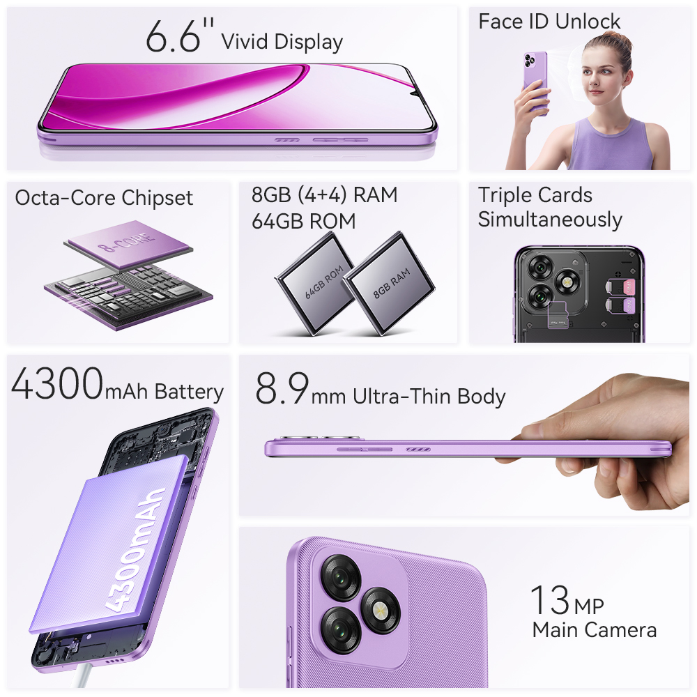 Smartphone OUKITEL C65 - Android 15, écran 6.7 HD+ 90Hz, 128 Go + 16 Go RAM, Violet - Neuf