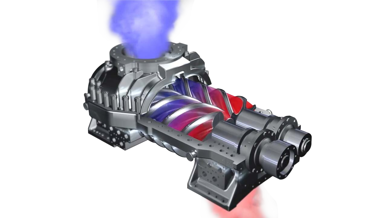 螺杆压缩机内部机制的三维视图,显示了相互锁定的螺旋转子在压缩空气,是工业和制造业应用的理想选择。非常适合涡旋式压缩机与螺杆式压缩机的比较。